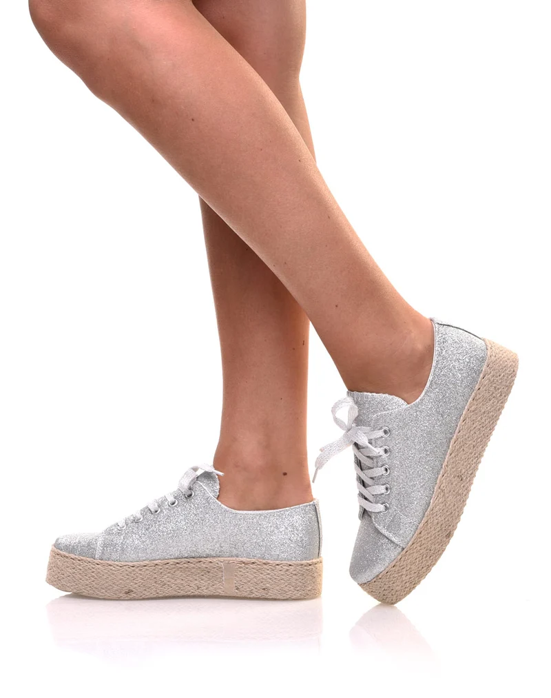 Espadrilles pailletées compensées argentées