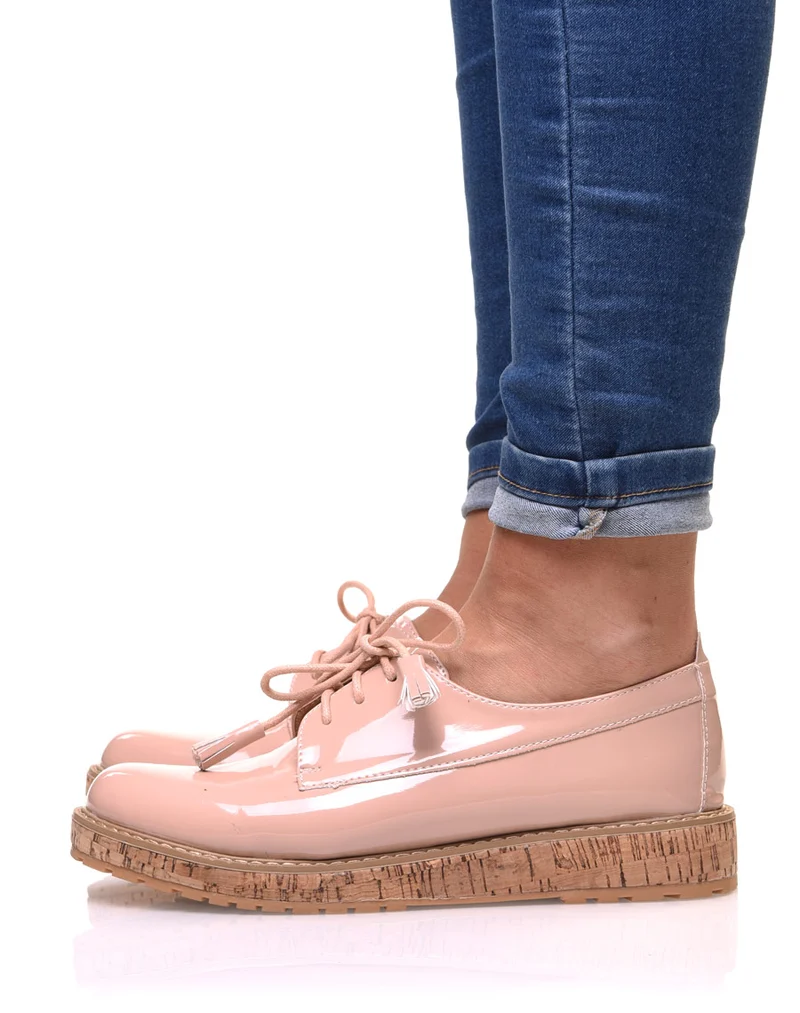 Derbies roses vernies à talon compensé