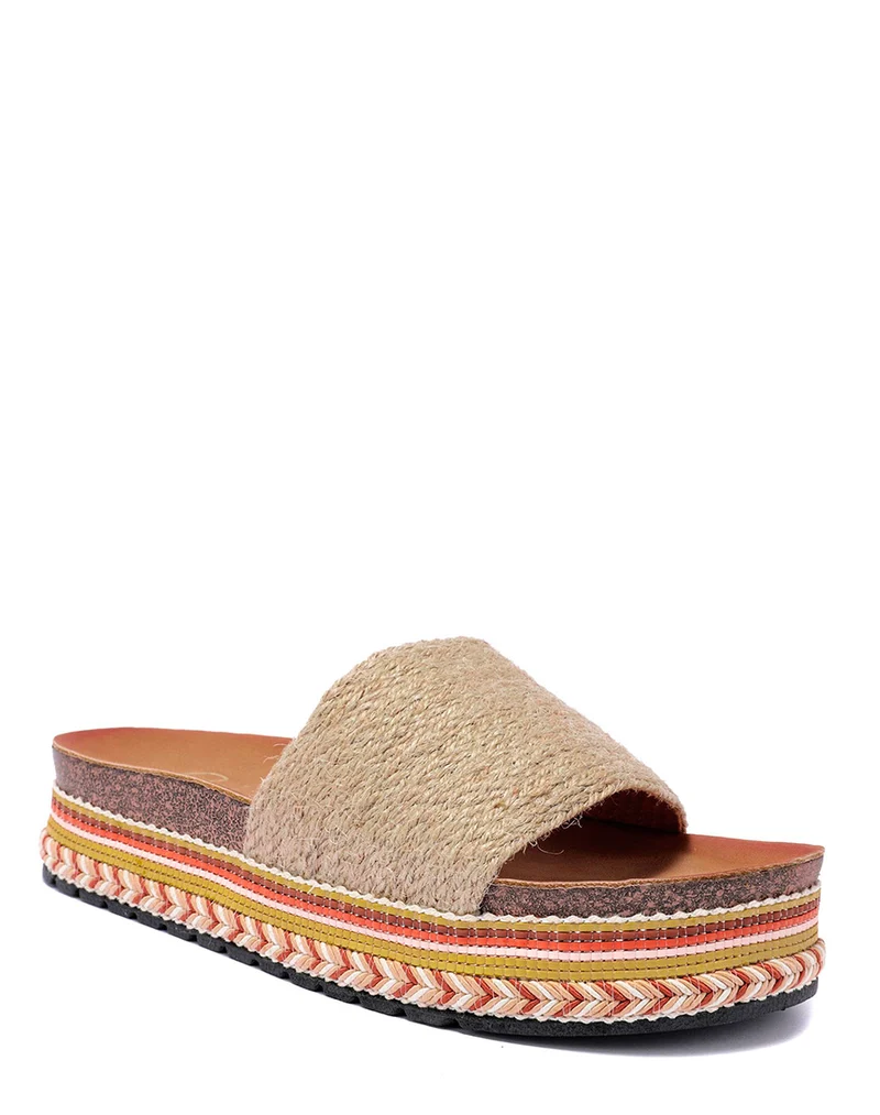 Mules à bride épaisse beige et semelle épaisse style aztèque