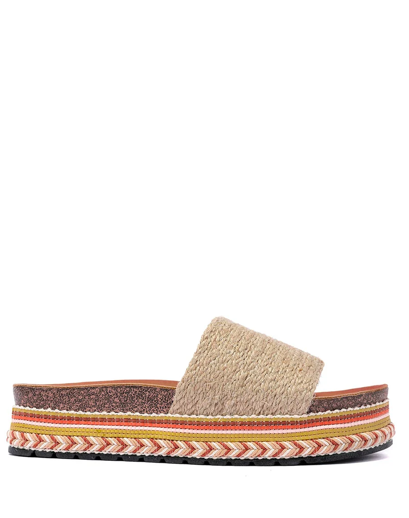 Mules à bride épaisse beige et semelle épaisse style aztèque