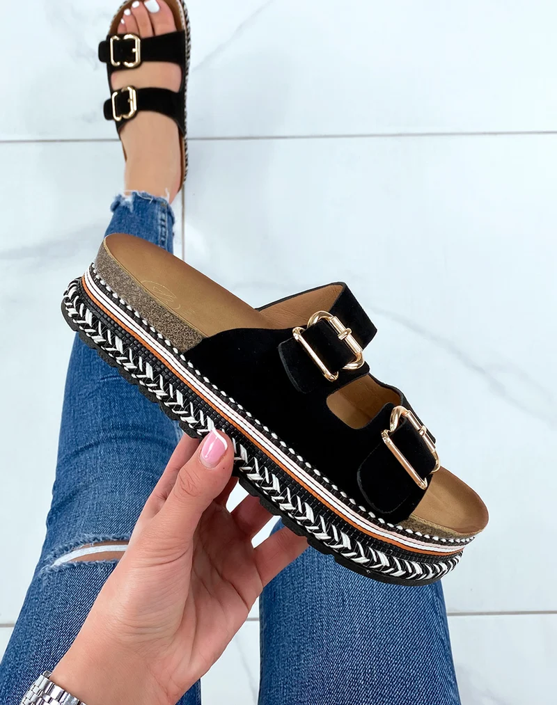 Mules plates noires à double bride et semelle aztèque