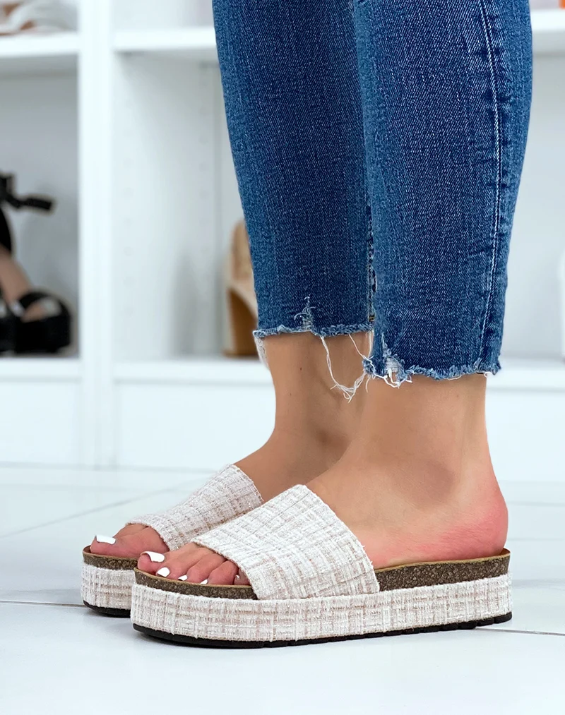 Mules plates en tweed beige