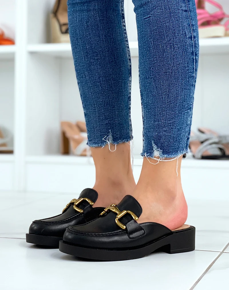 Mules mocassins noires à empiècement doré