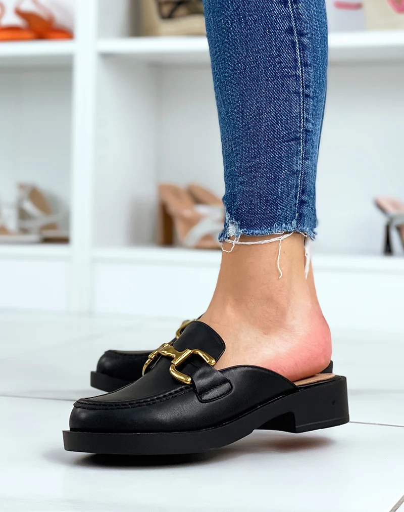 Mules mocassins noires à empiècement doré