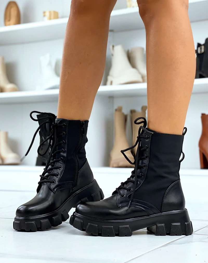 Bottines noires lacées en bi-matière à pochette et à semelles crantées