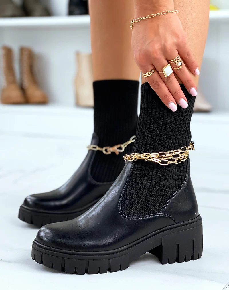 Bottines noires montantes effet chaussette à fines chaines dorées