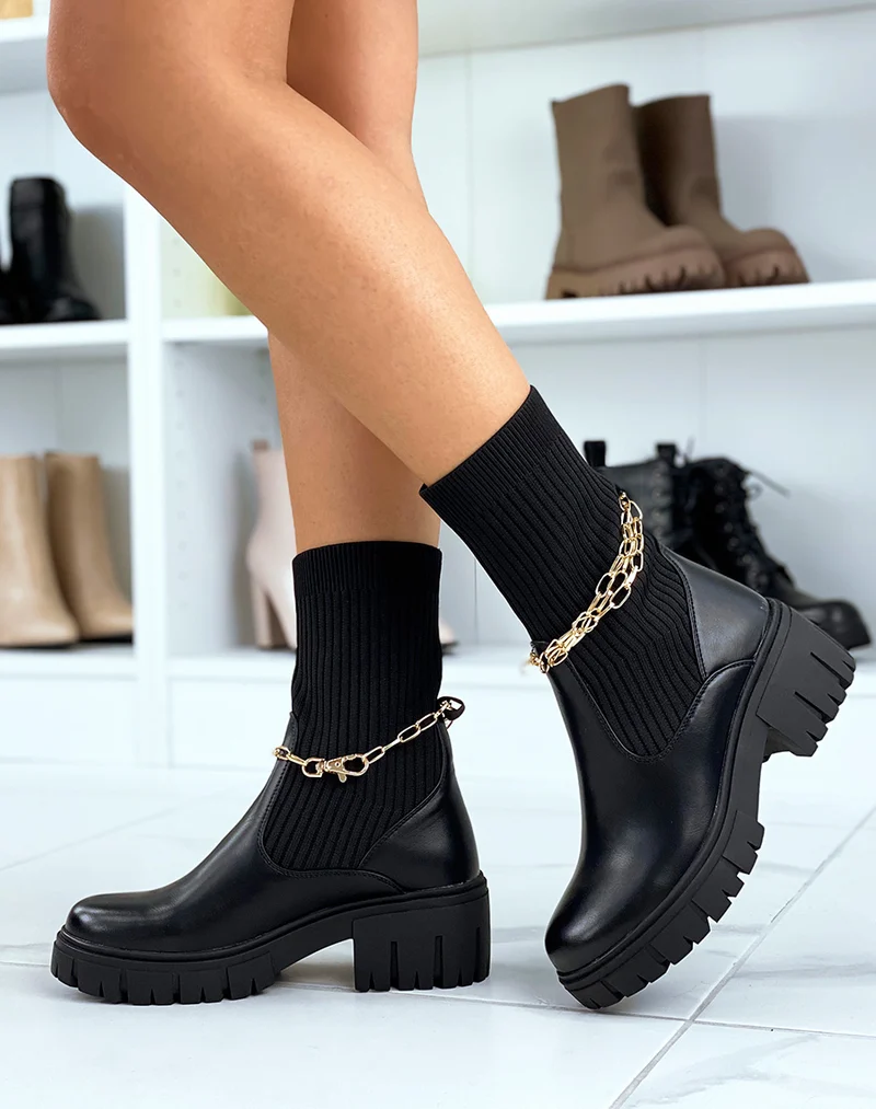 Bottines noires montantes effet chaussette à fines chaines dorées