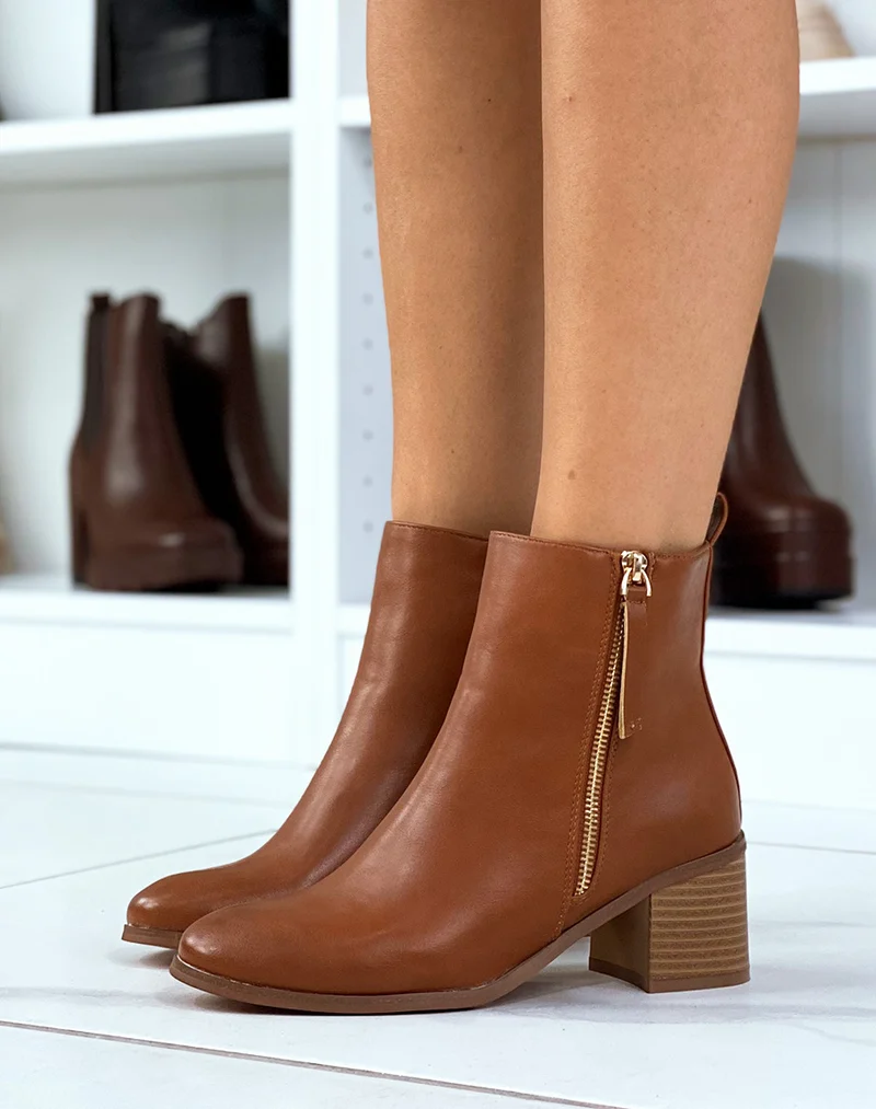 Bottines camel à zip doré et petit talon
