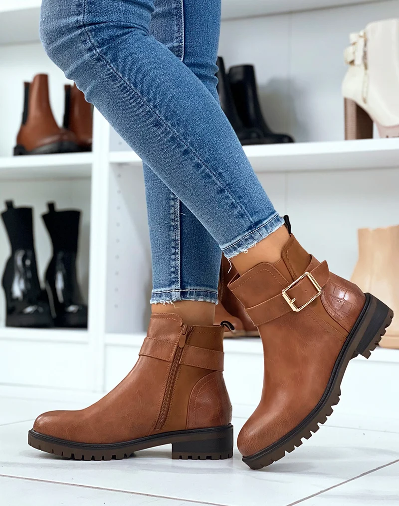 Bottines camel avec élastique échancré et effet croco