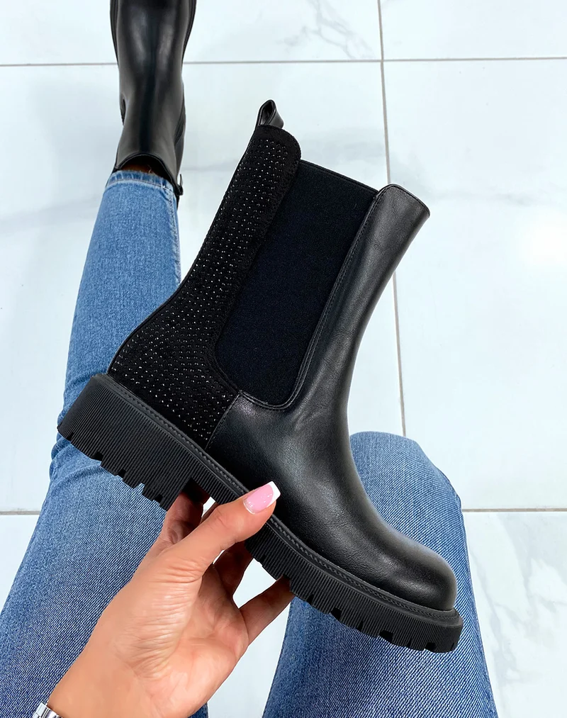 Bottines chelsea noires montantes à strass noirs