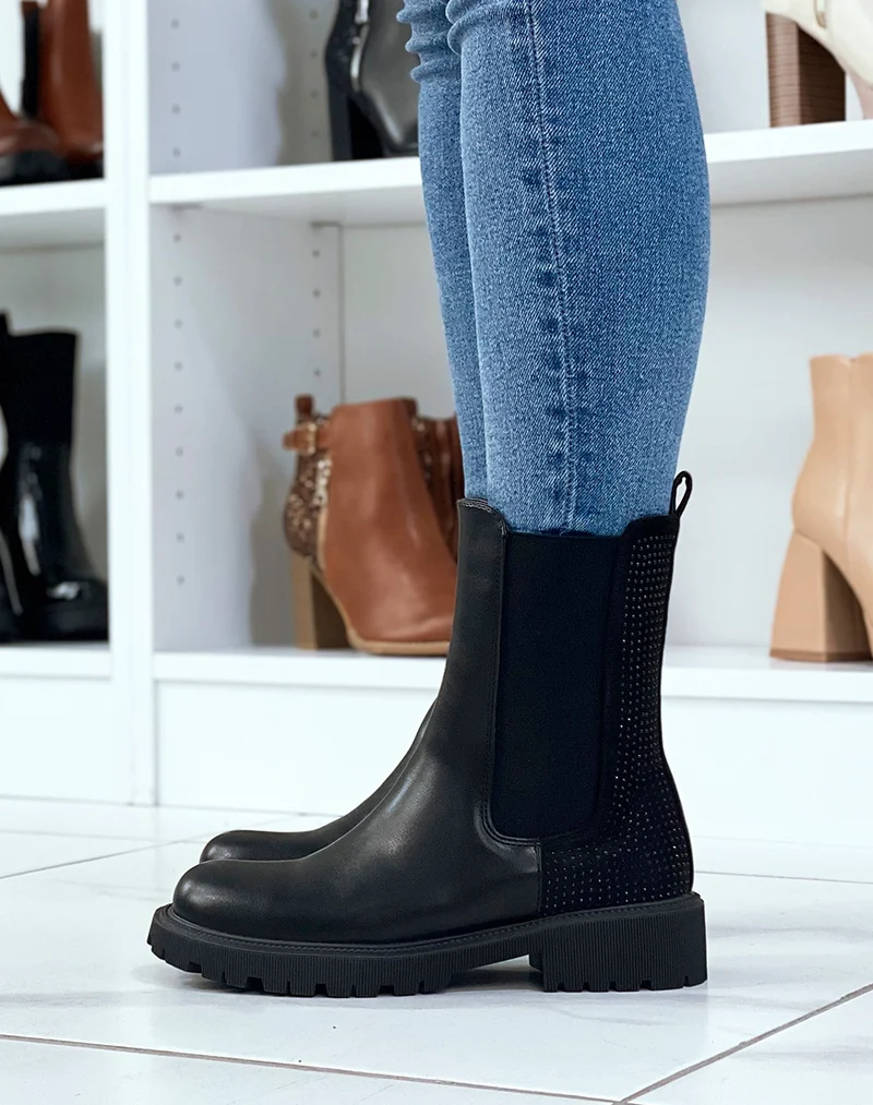 Bottines chelsea noires montantes à strass noirs