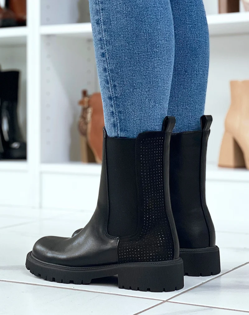 Bottines chelsea noires montantes à strass noirs