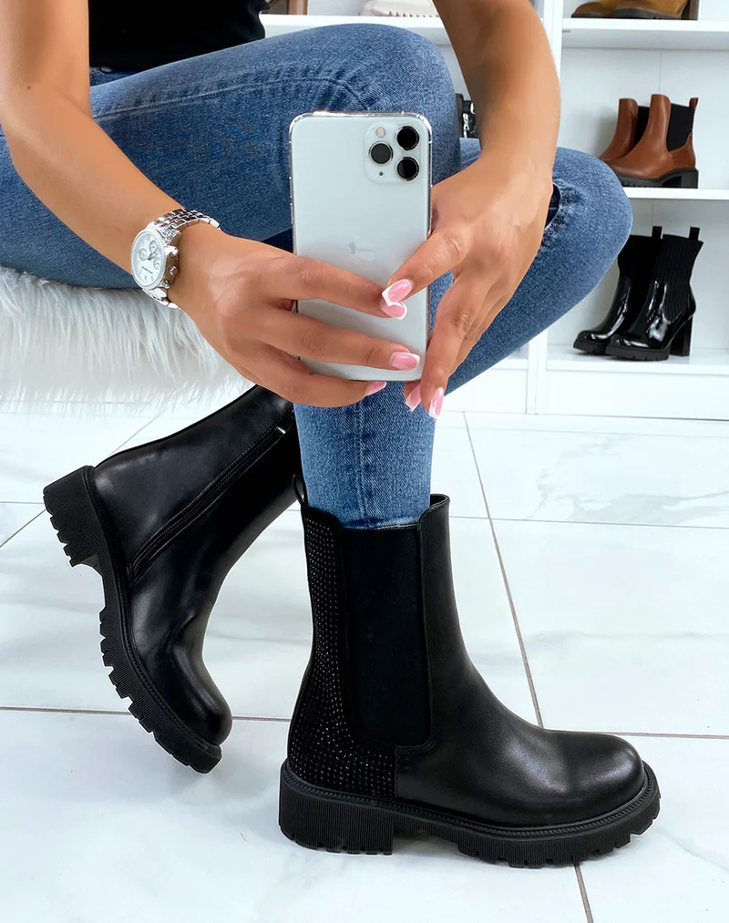 Bottines chelsea noires montantes à strass noirs