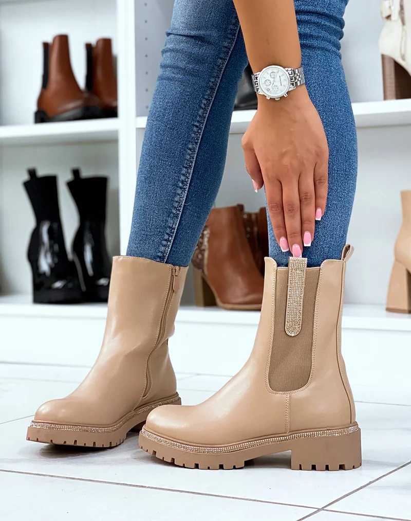 Chelsea boots beiges à détails à strass
