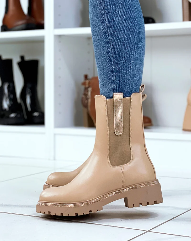 Chelsea boots beiges à détails à strass
