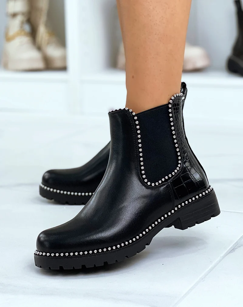Chelsea boots noires à multiples clous argentés et arrière effet croco