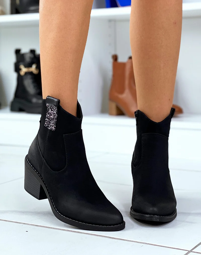 Santiags noires à talon et détail à paillettes