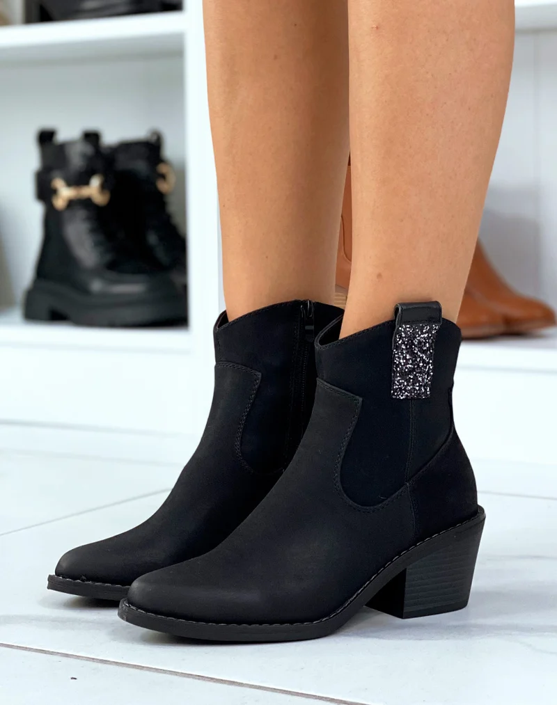 Santiags noires à talon et détail à paillettes
