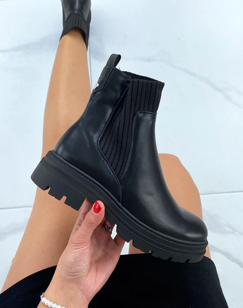 Bottines noires bi-matière effet chaussette talonnées