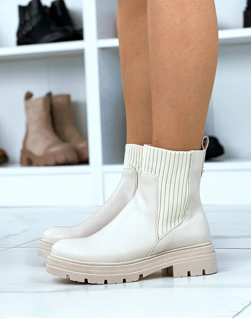 Bottines beiges bi-matière effet chaussette talonnées