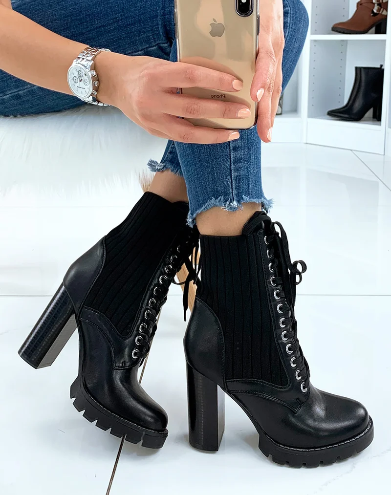 Bottines à talon noires effet chaussette
