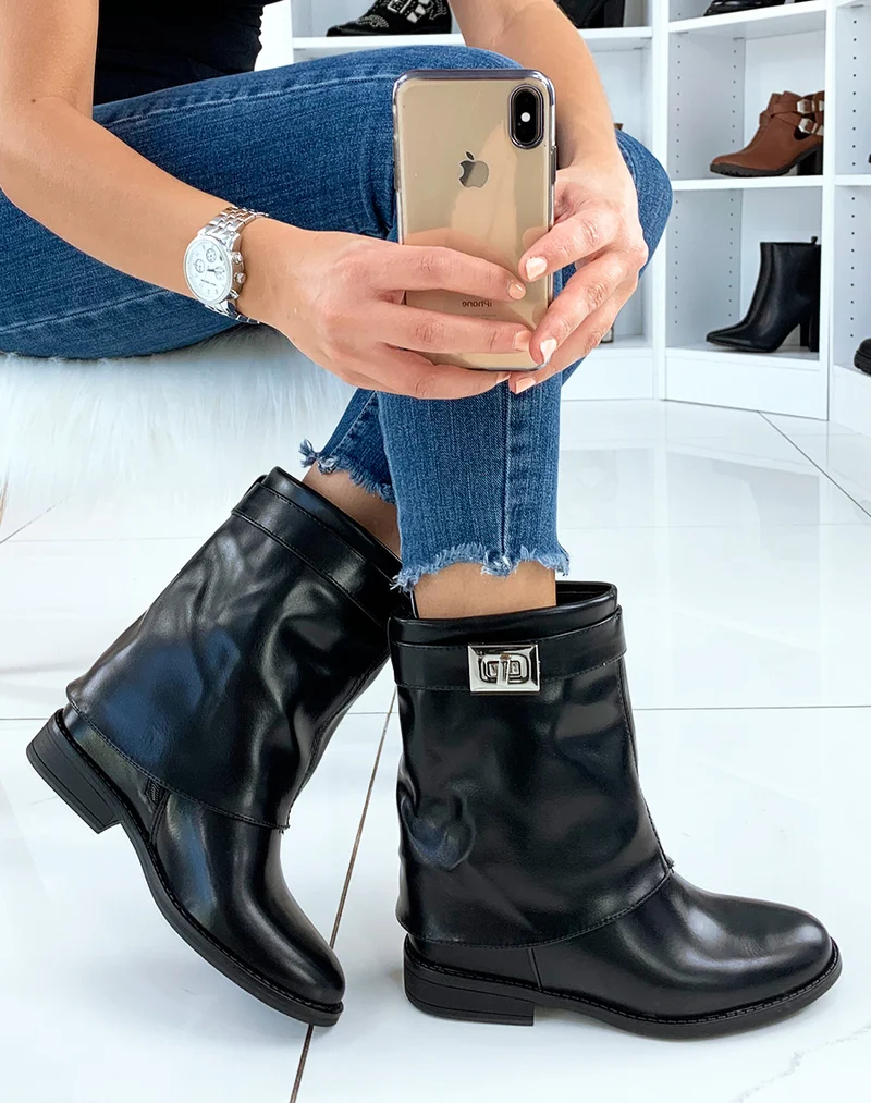 Bottines noires retroussées compensée