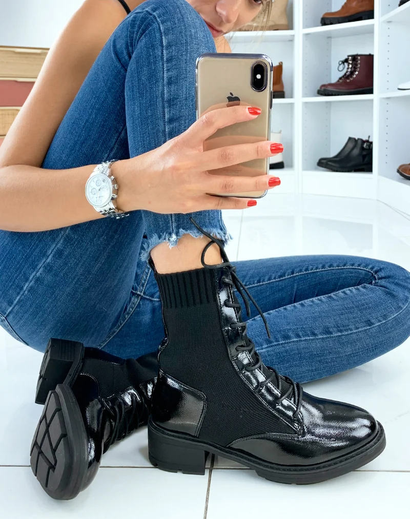 Bottines hautes vernies noires bi-matières