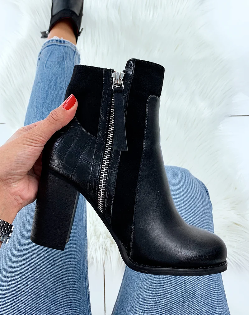 Bottines noires bi-matières à finition croco