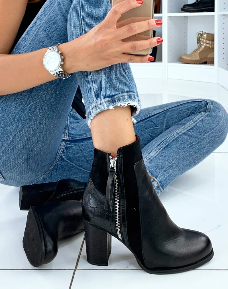 Bottines noires bi-matières à finition croco