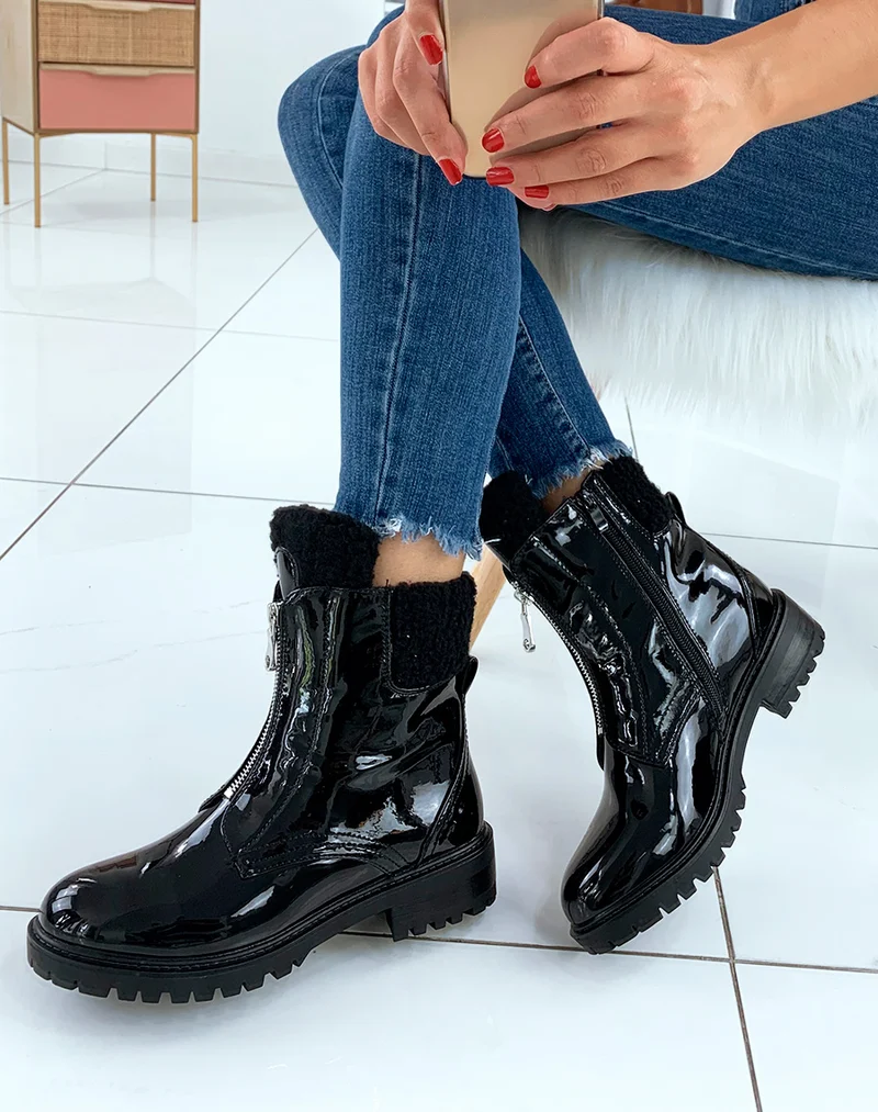 Bottines vernies noires montantes fourrées