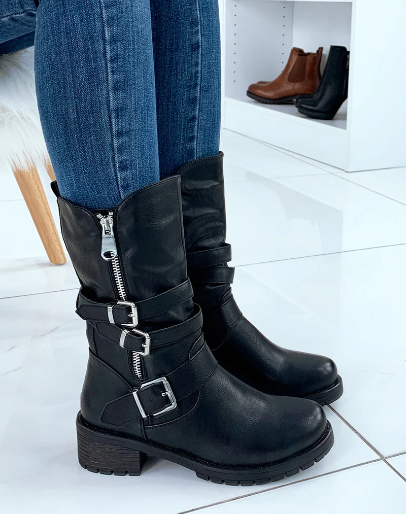 Bottines noires haute à sangles