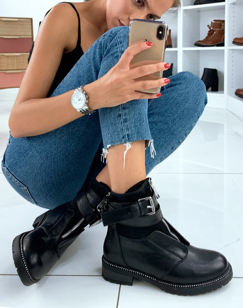 Bottines montantes noires avec sangle