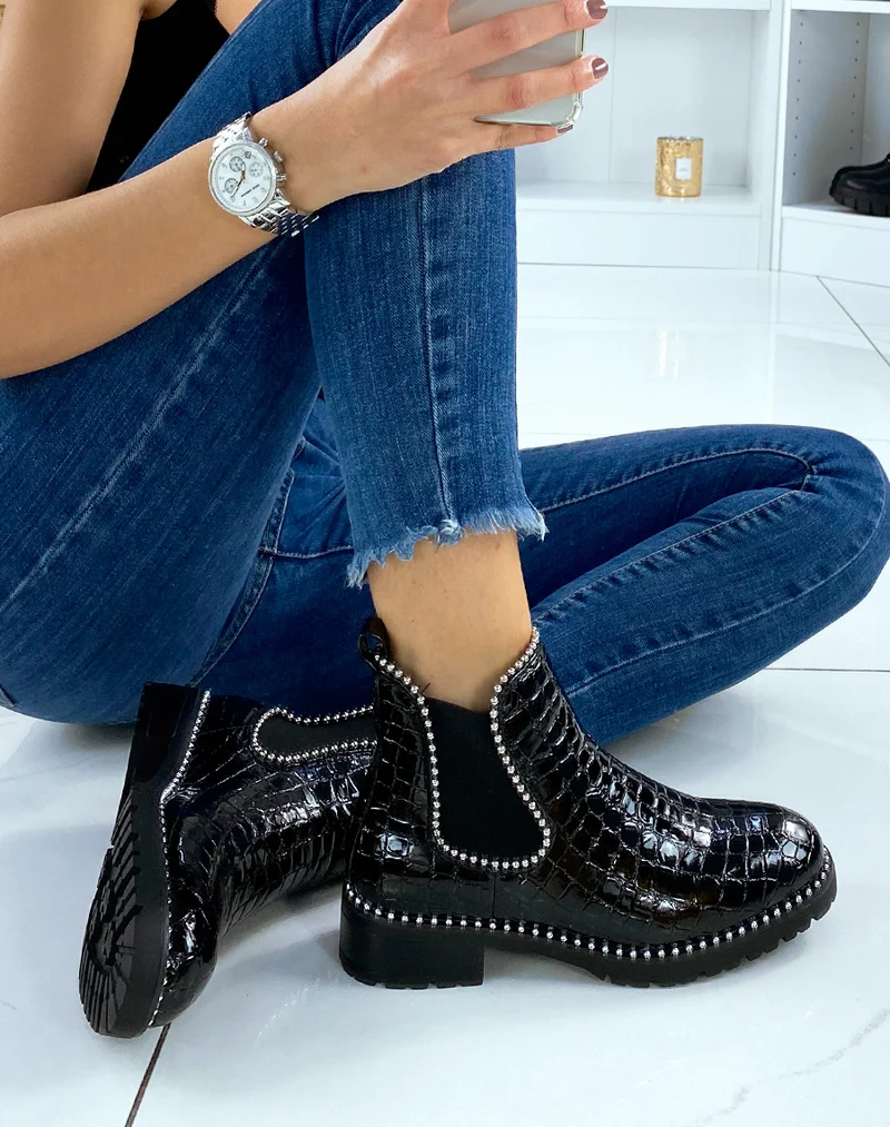 Chelsea boots noires vernies effet croco