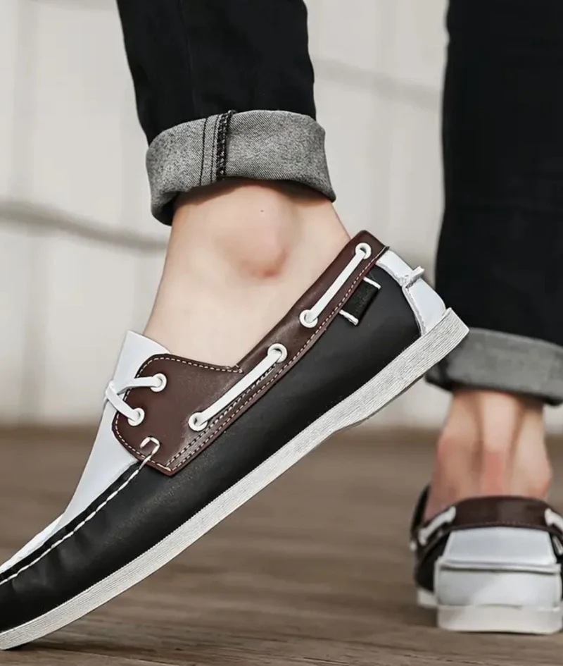 Mocassins Bateau Noirs Bicolores À Lacets Pour Homme
