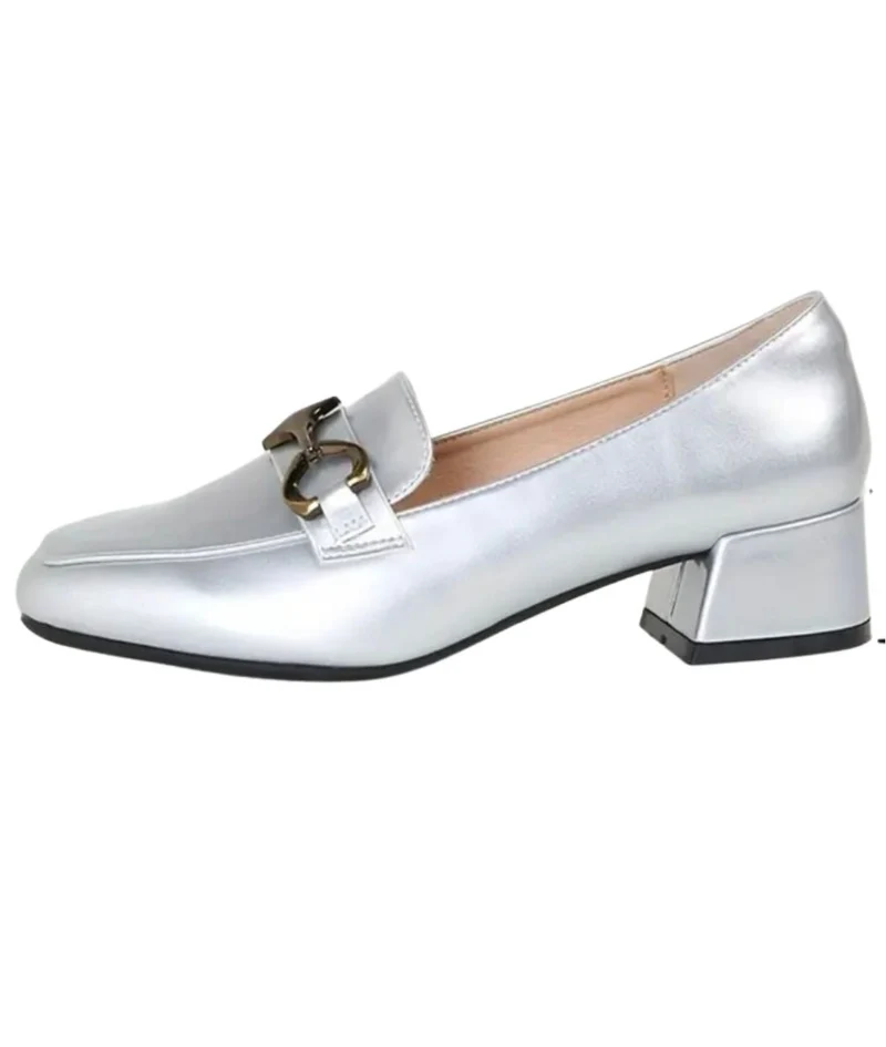 Mocassins Argentés À Talons Carrés Pour Femme