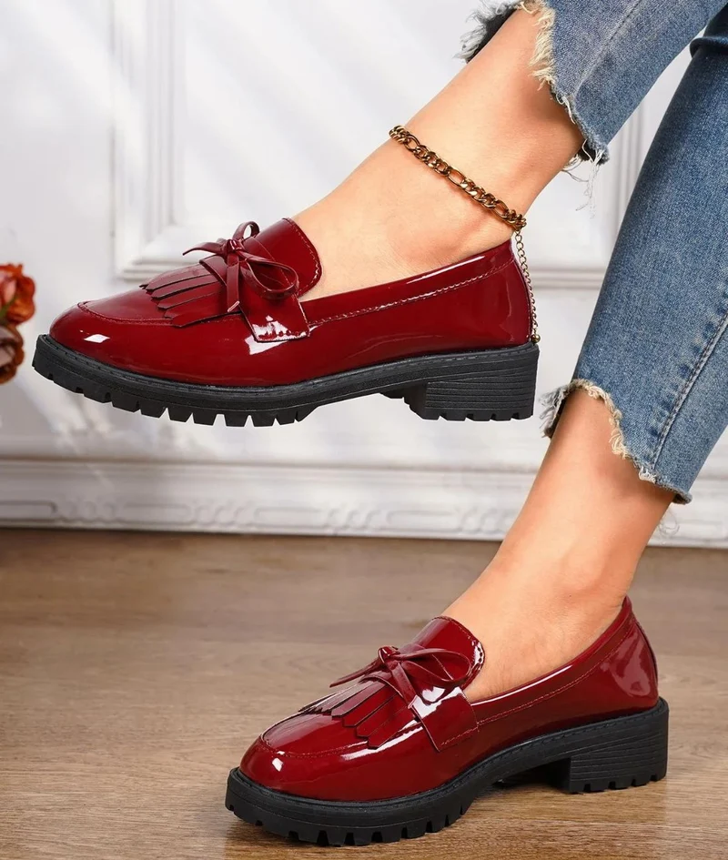 Mocassins À Talons En Cuir Verni Avec Nœud Décoratif