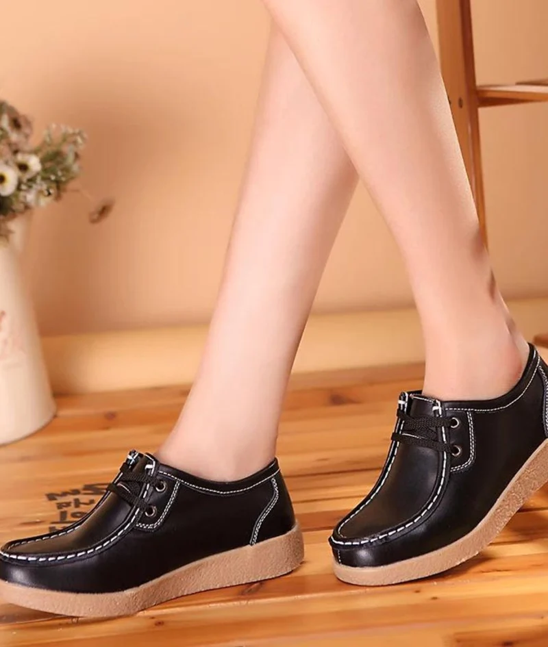 Mocassins À Lacets En Cuir À Semelle Épaisse Noir Pour Femmes
