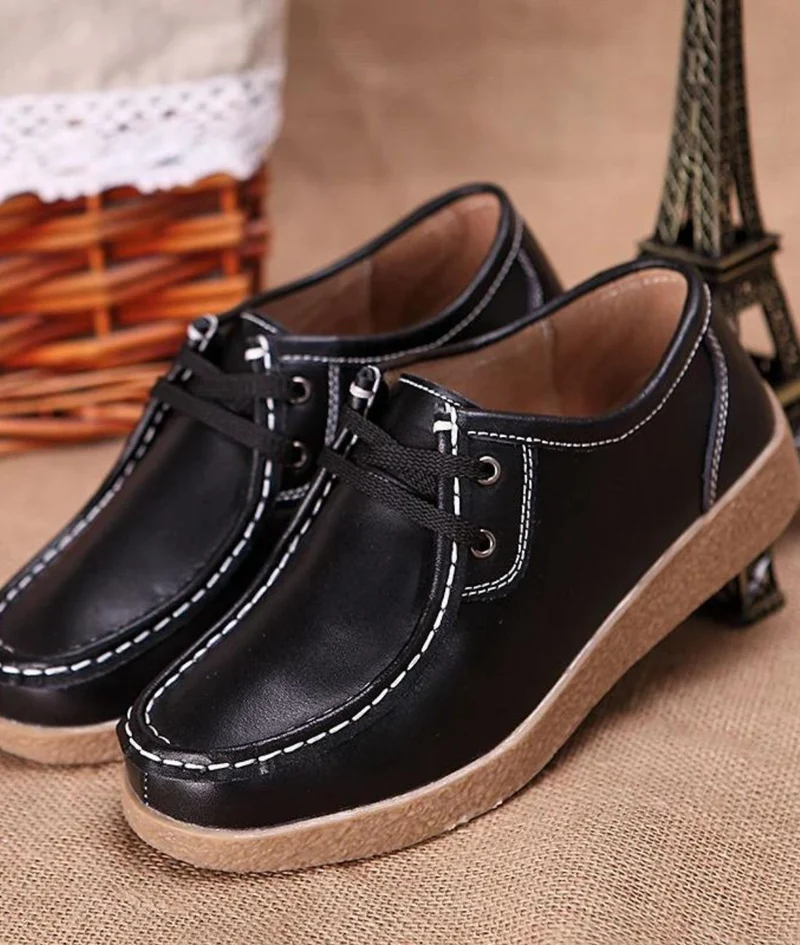 Mocassins À Lacets En Cuir À Semelle Épaisse Noir Pour Femmes
