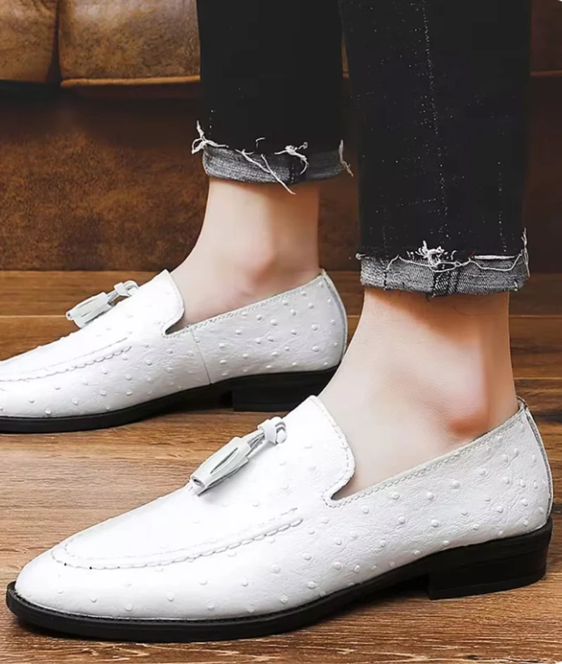 Mocassins À Glands Vernis Noir Et Blanc Pour Homme