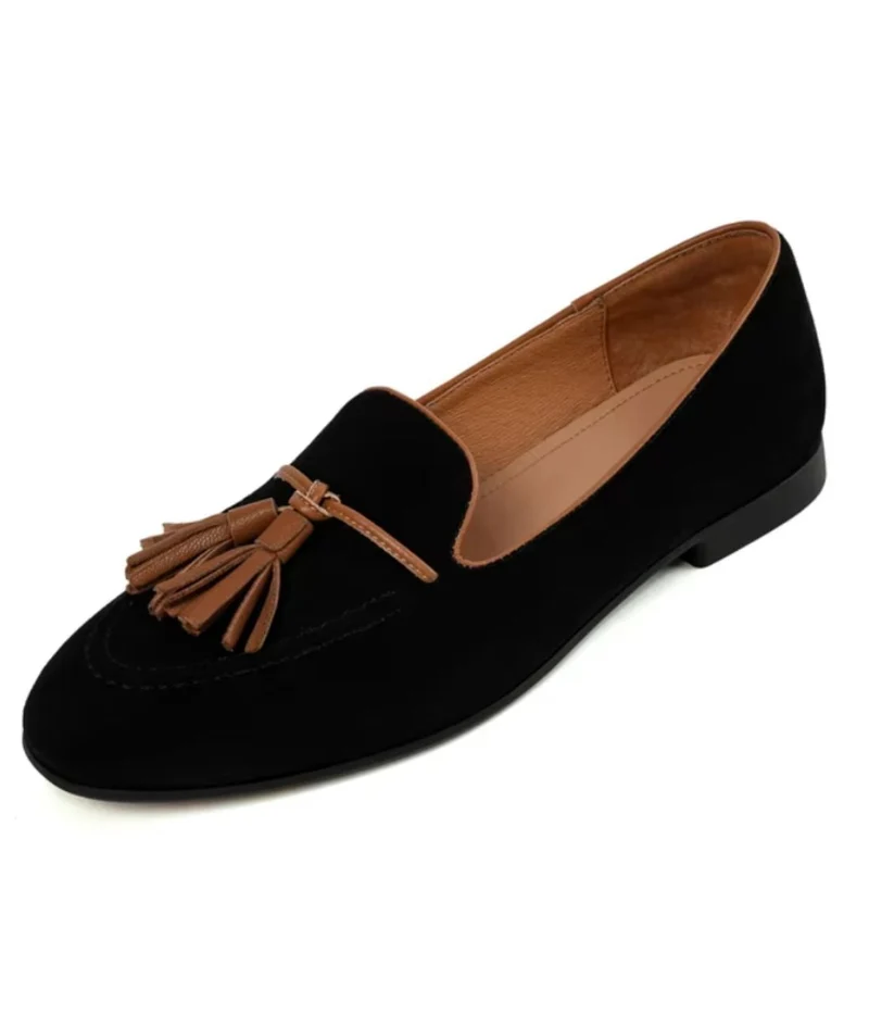 Mocassins À Glands Noirs Daim Pour Femme