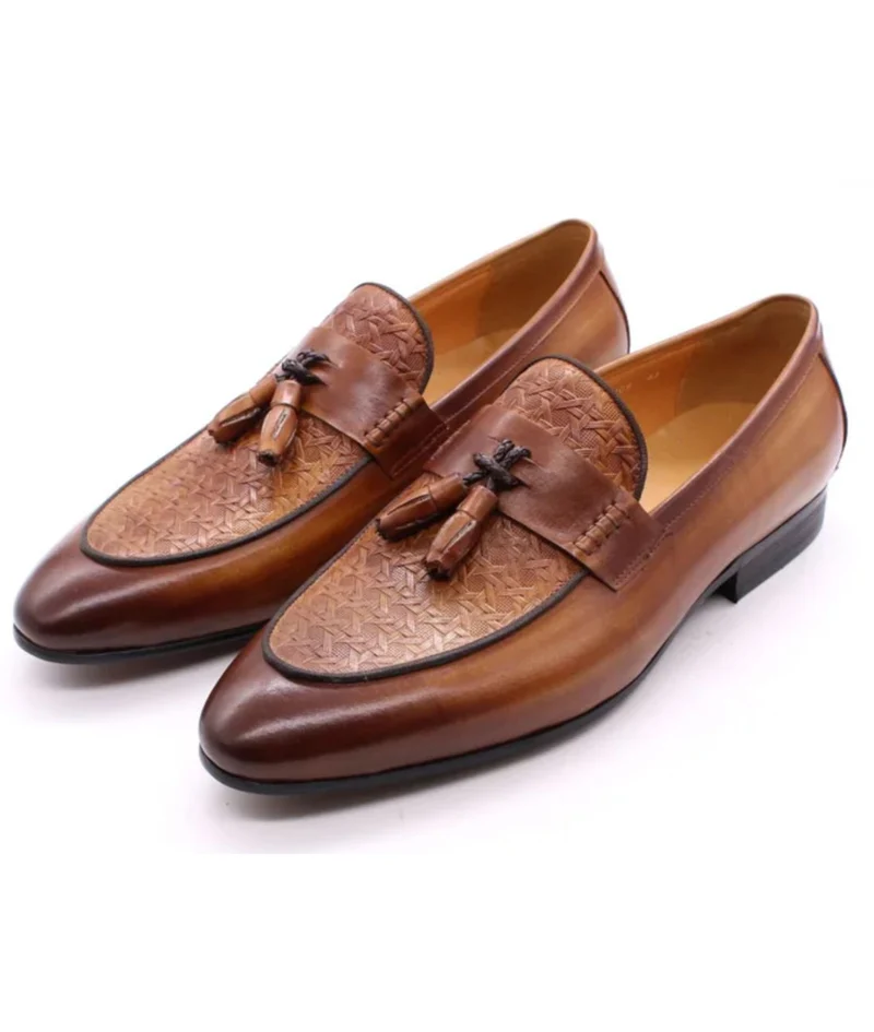 Mocassins À Glands En Cuir Motif Zigzag Tissé