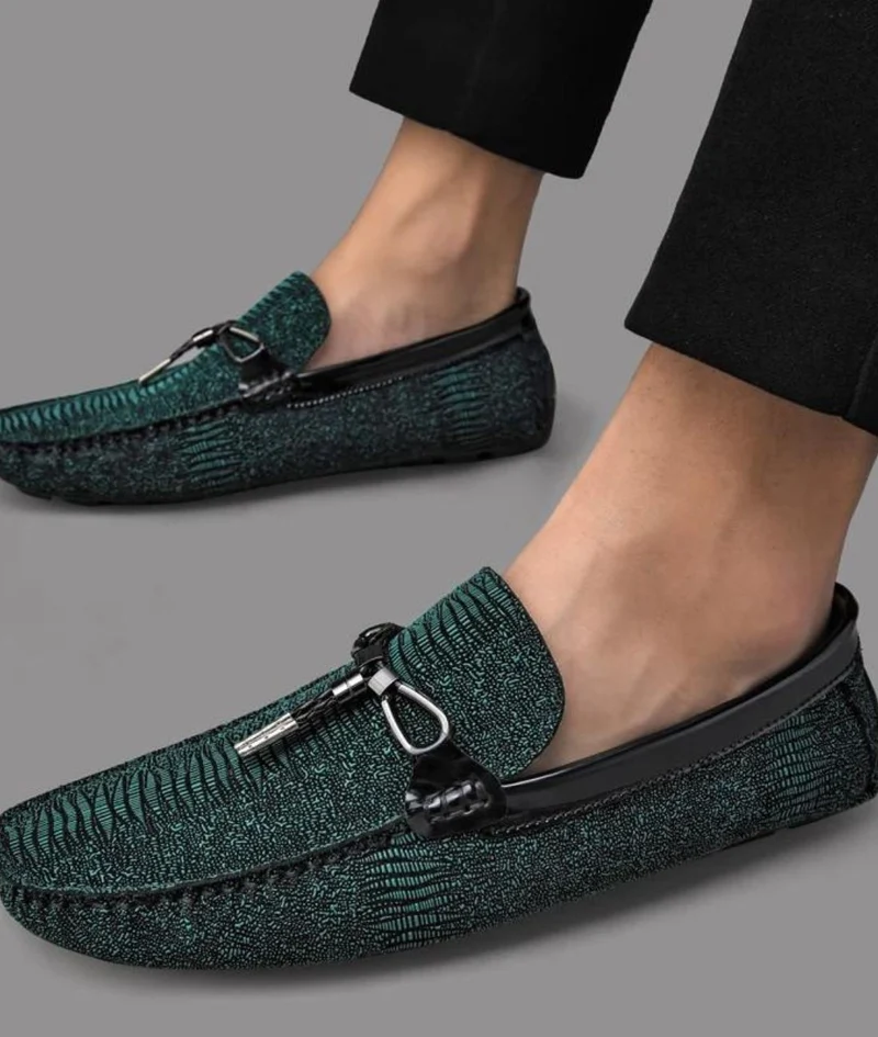 Mocassins À Gland Vert Métallique Pour Hommes