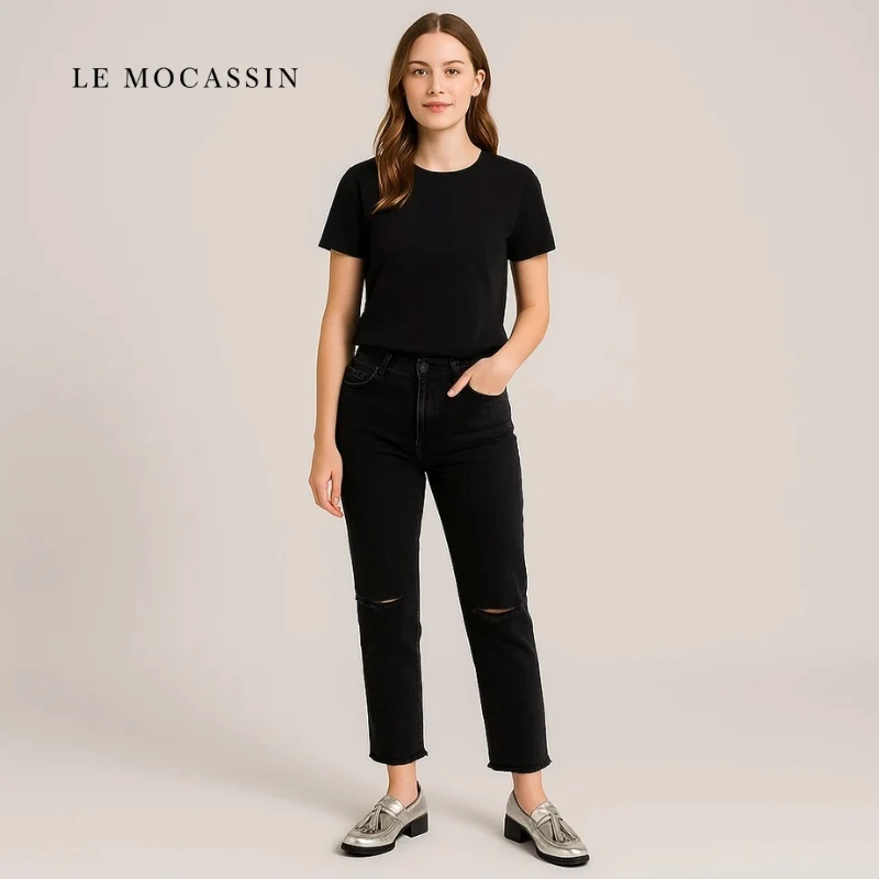 Mocassins À Gland Argentés Pour Femme En Cuir Véritable