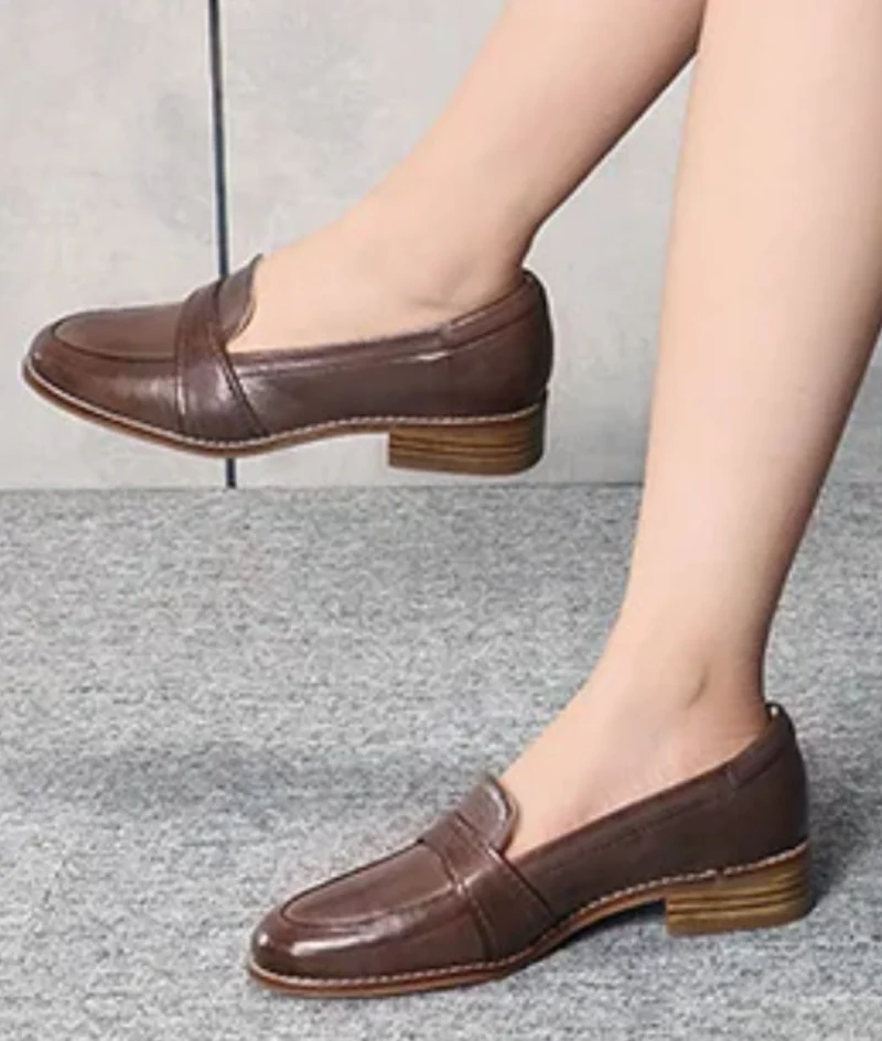 Mocassins À Talons Carrés En Cuir Souple Pour Femmes