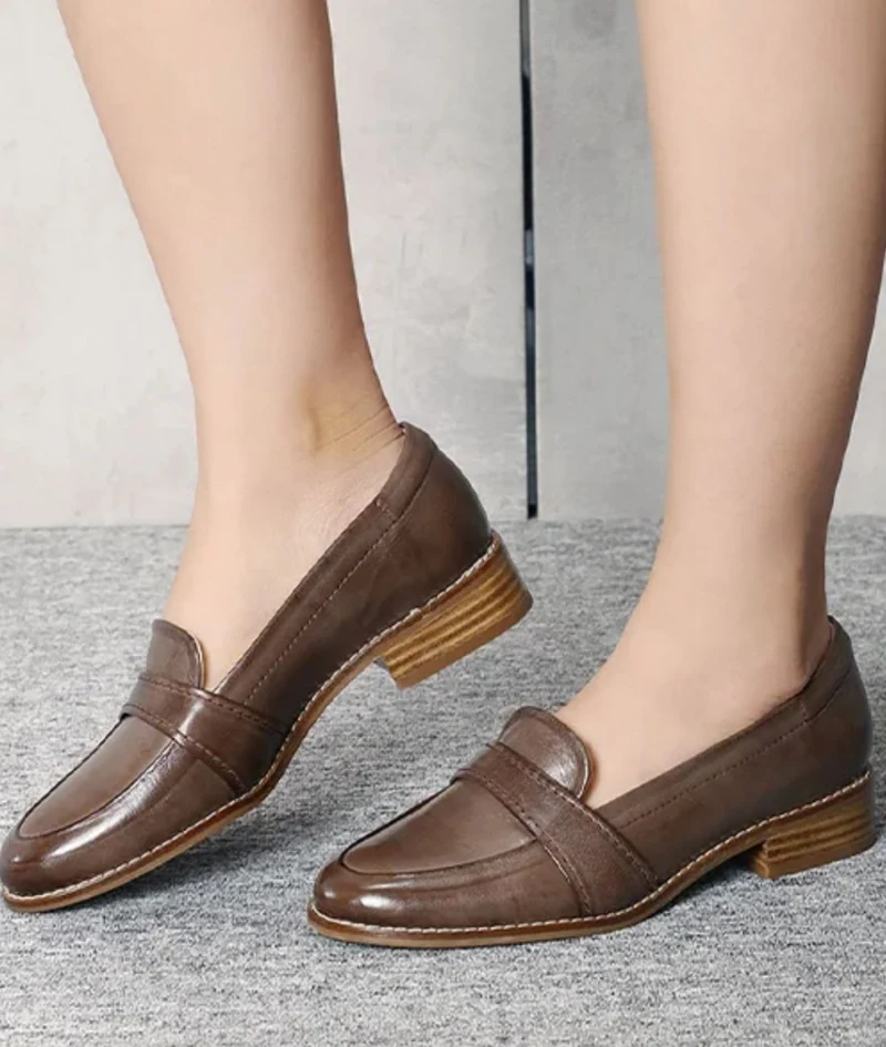 Mocassins À Talons Carrés En Cuir Souple Pour Femmes