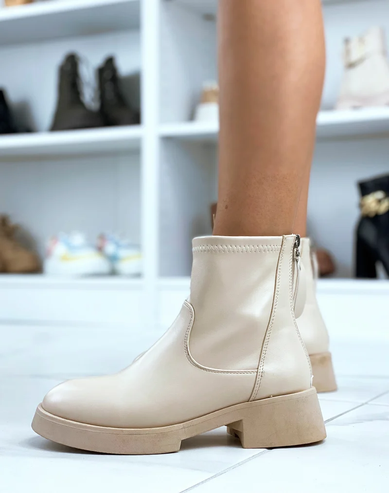 Bottines montantes beiges effet chaussette en similicuir