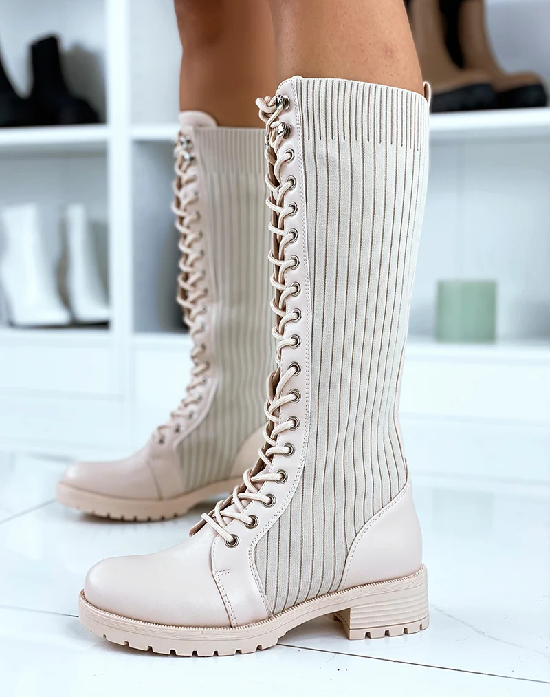 Bottes hautes beiges effet chaussette