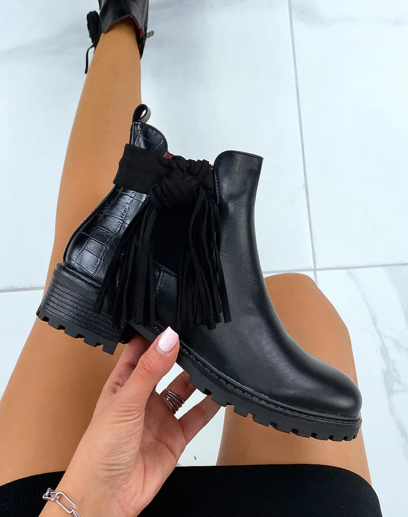 Chelsea boots noires bi-matière à frange