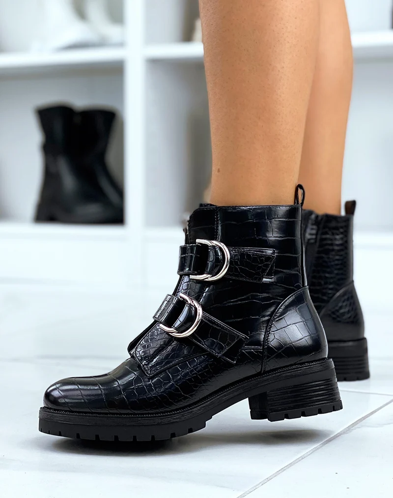 Bottines hautes noires effet croco