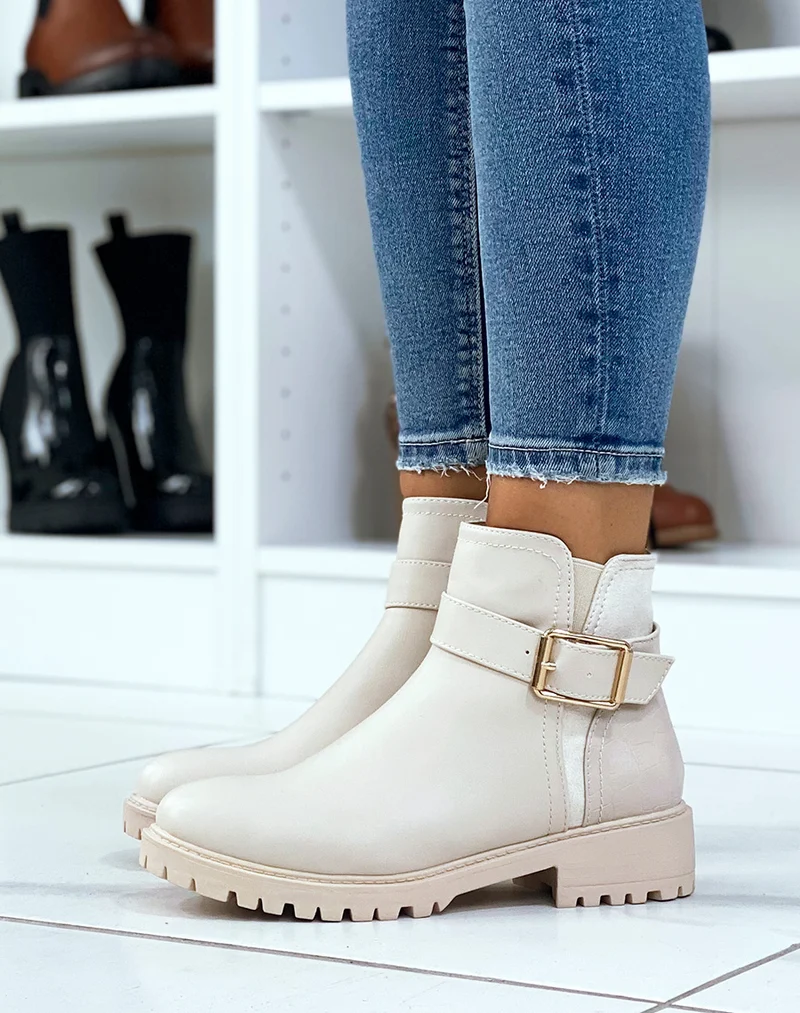 Bottines beiges avec élastique échancré et effet croco